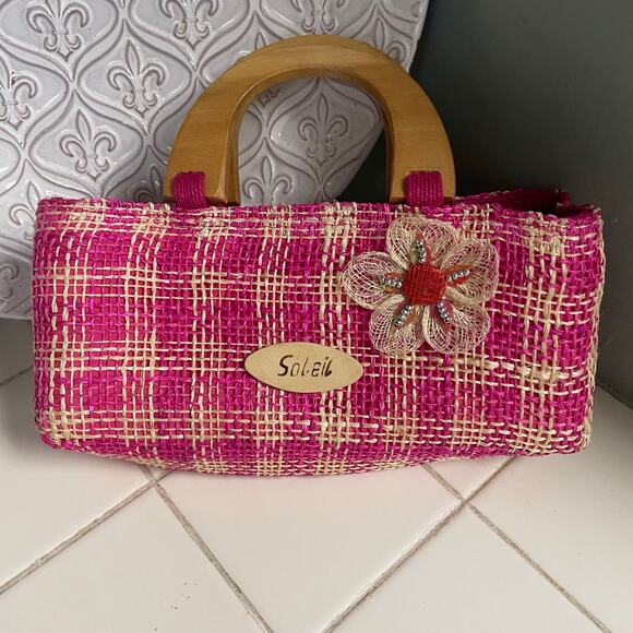 VTG Y2K Pink Woven Bag Wood Handle Clueless Coquette 90s Vibe - Picture 1 of 6